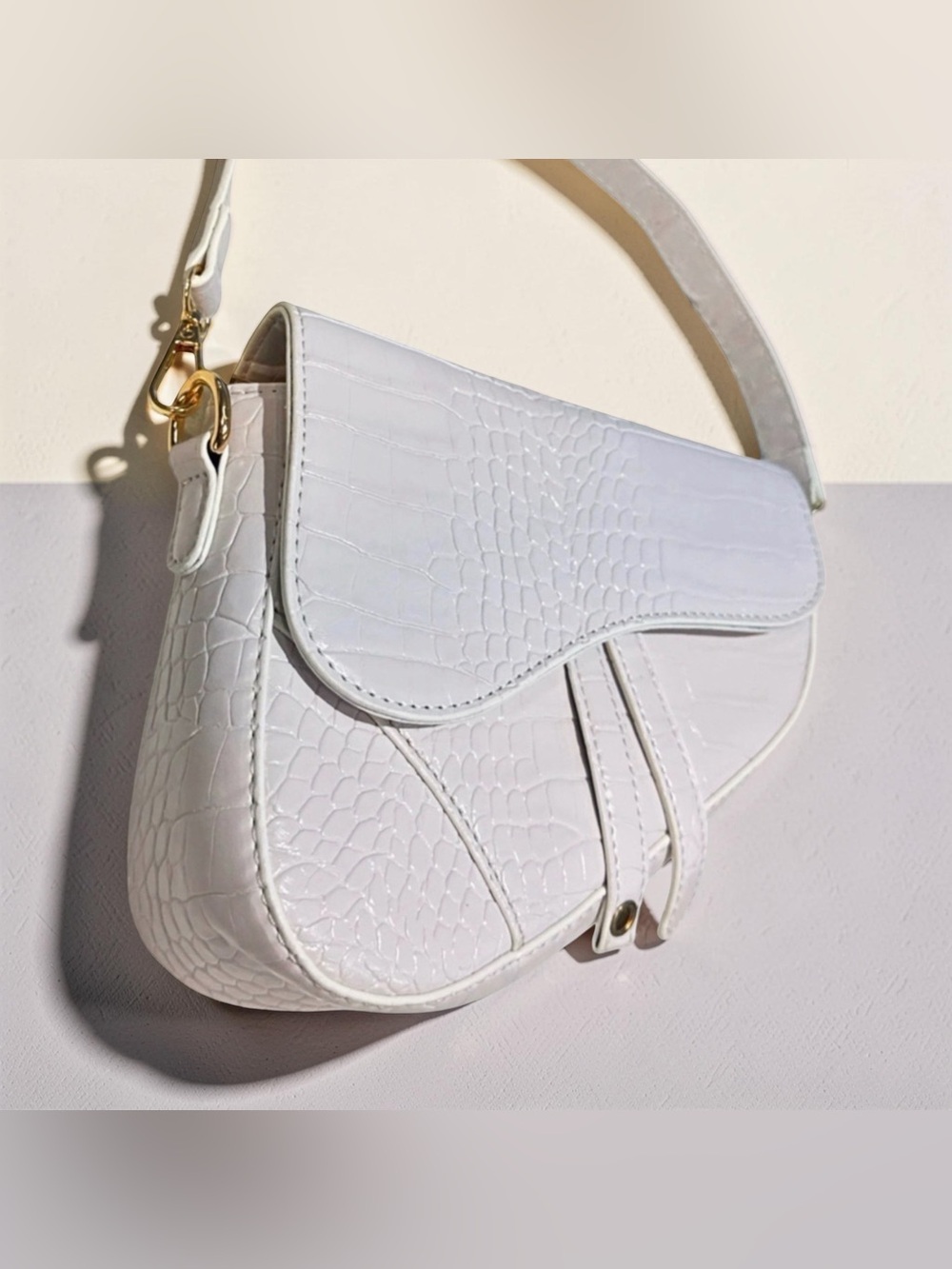 HDE Women's Saddle Shoulder Bag PU Leather Crossbody Purse - White Crocodile - Picture 4 of 10